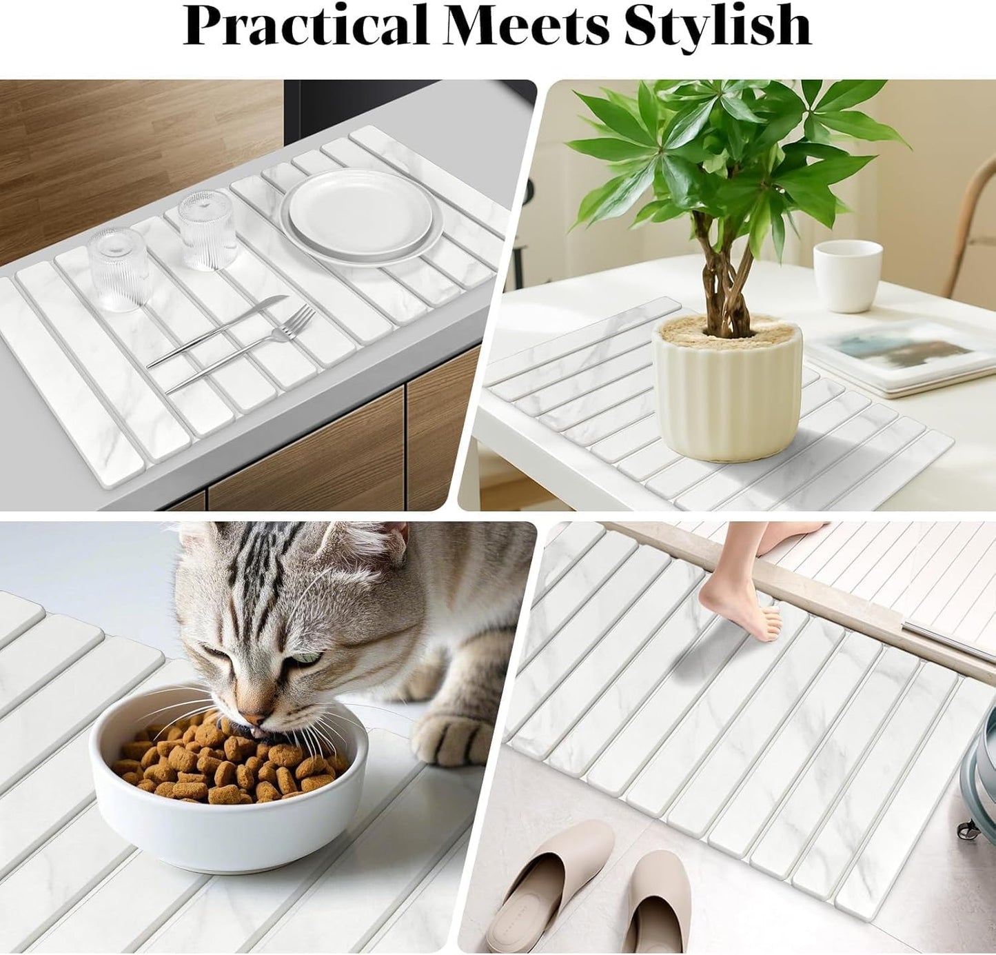 Extra Large Stone Dish Drying Mat for Kitchen Counter, Foldable Quick Dry Dish Drying Mats, Absorbent Diatomaceous Earth Stone Drying Mats for Plate Rack Bottles Cups (Gray Marble 28"×16" & 8"x4")