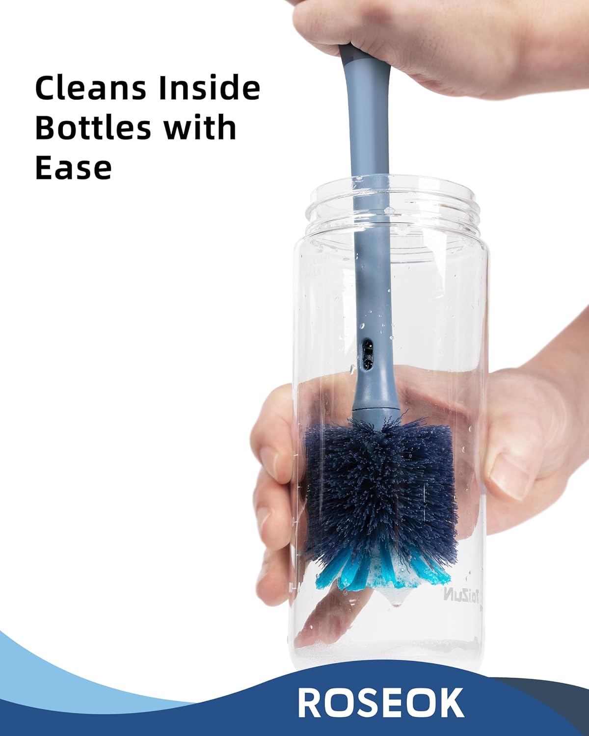 ROSEOK 2 in 1 Long Handle Bottle Brush with Straw Brush for Cleaning Glass, Sports Bottle, Coffee Mug,Navy Blue,1 Pack