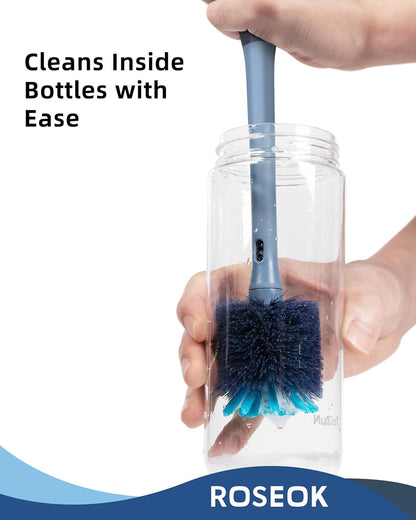 ROSEOK 2 in 1 Long Handle Bottle Brush with Straw Brush for Cleaning Glass, Sports Bottle, Coffee Mug,Navy Blue,1 Pack