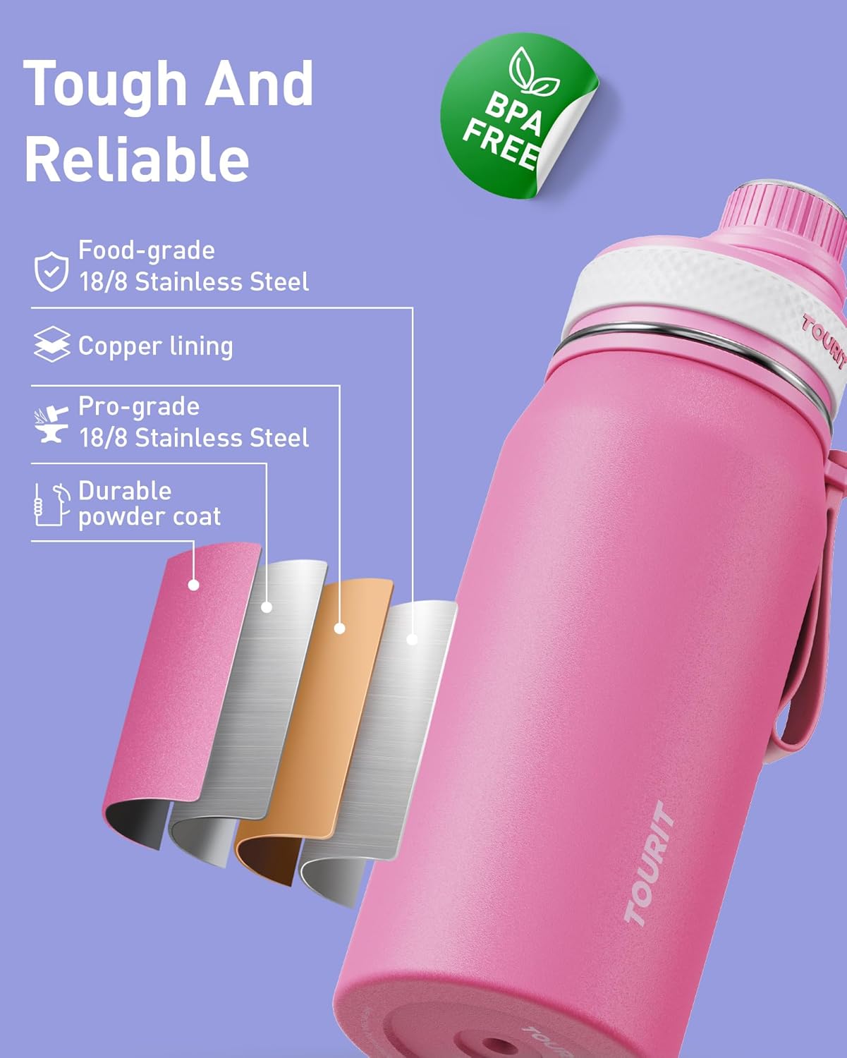 TOURIT 32oz Stainless Steel Wide Mouth Water Bottle, Double-Wall Vacuum Insulation with Spout Lid for Sports and Travel, Black