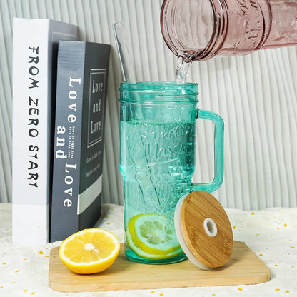 ANOTION Bamboo Mason Leakproof Mason Jar Cups with Lids and Straws, Cap Cup 24oz Glass Tumbler with Handle, Rotating Lid Silicone Straw, Reusable Iced Coffee Matcha Cup Coffee Gifts for Women 2pc