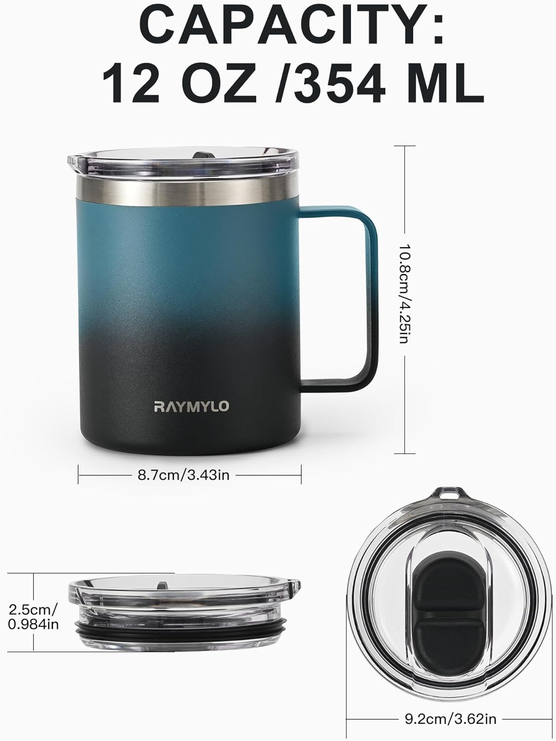 RAYMYLO Insulated Coffee Mug 12 oz, Double Wall Stainless Steel Coffee Mug with Lids, Leak-Proof & Detachable Slider Lid for Thorough Clean, Keeps Coffee Cold for 9 Hrs, Suitable for Camp Home Office