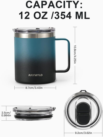 RAYMYLO Insulated Coffee Mug 12 oz, Double Wall Stainless Steel Coffee Mug with Lids, Leak-Proof & Detachable Slider Lid for Thorough Clean, Keeps Coffee Cold for 9 Hrs, Suitable for Camp Home Office
