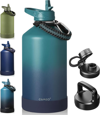 CIVAGO 32 oz Insulated Water Bottle With Straw, Stainless Steel Sports Water Cup Flask with 3 Lids (Straw, Spout and Handle Lid), Wide Mouth Travel Thermal Mug, Black