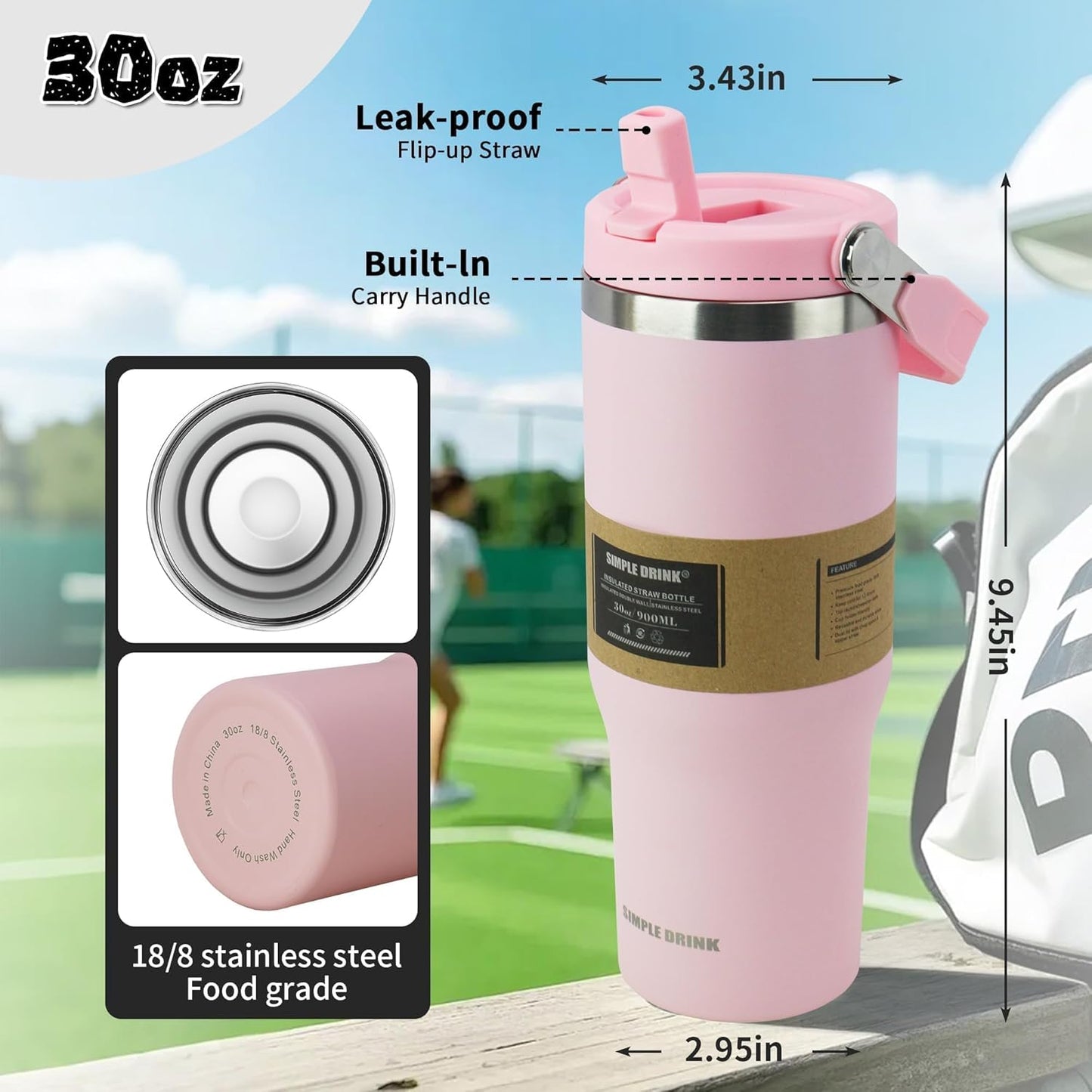 30oz Flip Straw Insulated Water Bottle with Handle, Leak Proof Stainless Steel Travel Tumbler With Lid, Double Wall Vacuum Iced Coffee Travel Mug, Sport Cup, Outside use