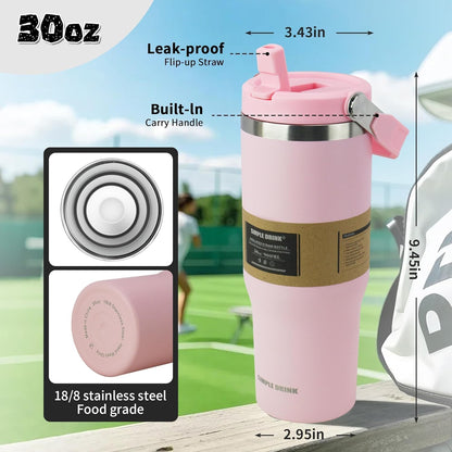 30oz Flip Straw Insulated Water Bottle with Handle, Leak Proof Stainless Steel Travel Tumbler With Lid, Double Wall Vacuum Iced Coffee Travel Mug, Sport Cup, Outside use