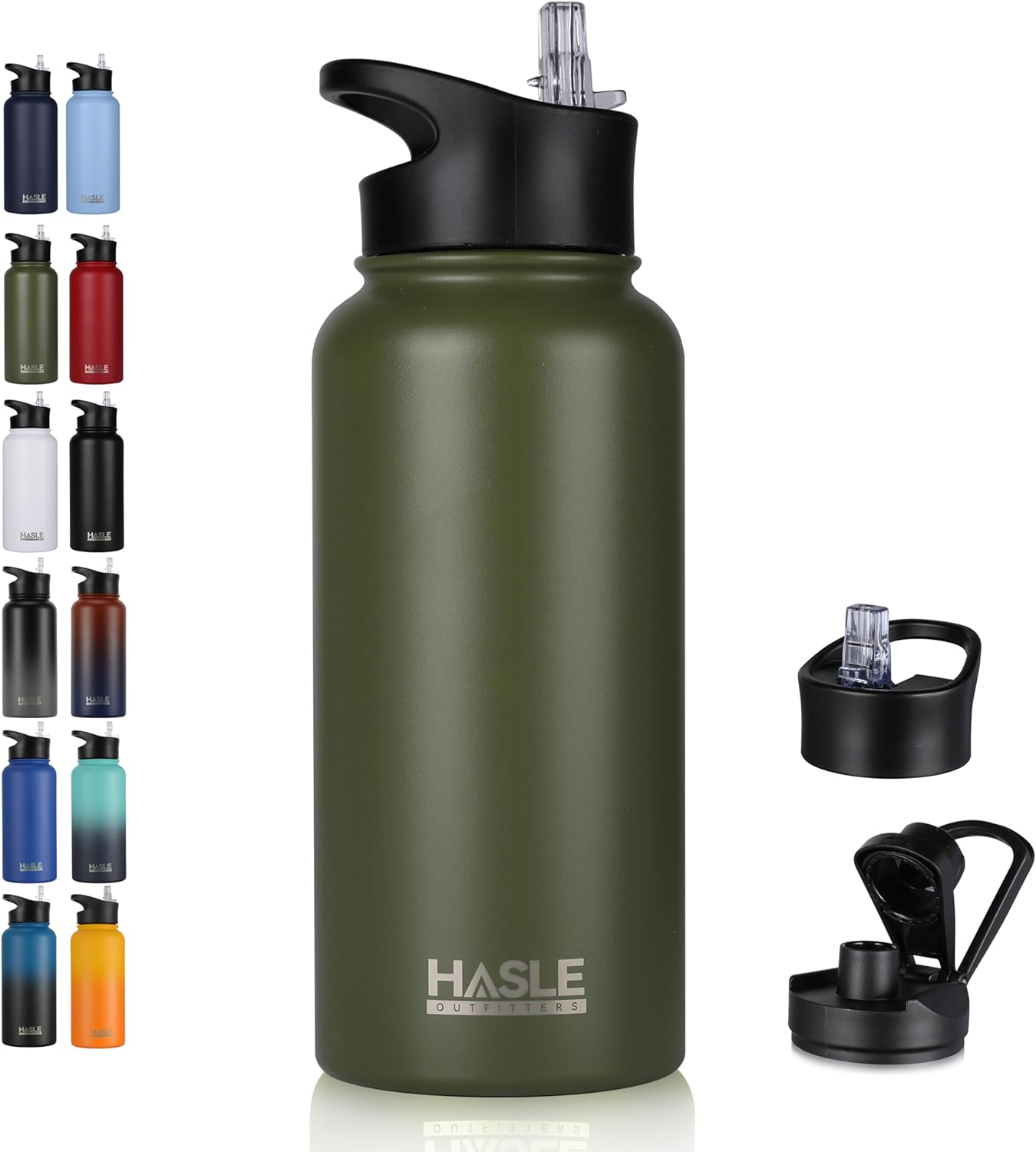 HASLE OUTFITTERS 32 oz Insulated Water Bottle Stainless Steel Double Walled Vacuum Sports Water Bottle with 2 Lids (Straw and Spout Lid) for Gym Camping Hiking(Black,1)