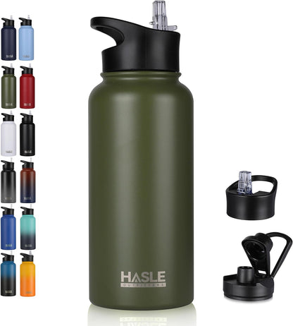 HASLE OUTFITTERS 32 oz Insulated Water Bottle Stainless Steel Double Walled Vacuum Sports Water Bottle with 2 Lids (Straw and Spout Lid) for Gym Camping Hiking(Black,1)