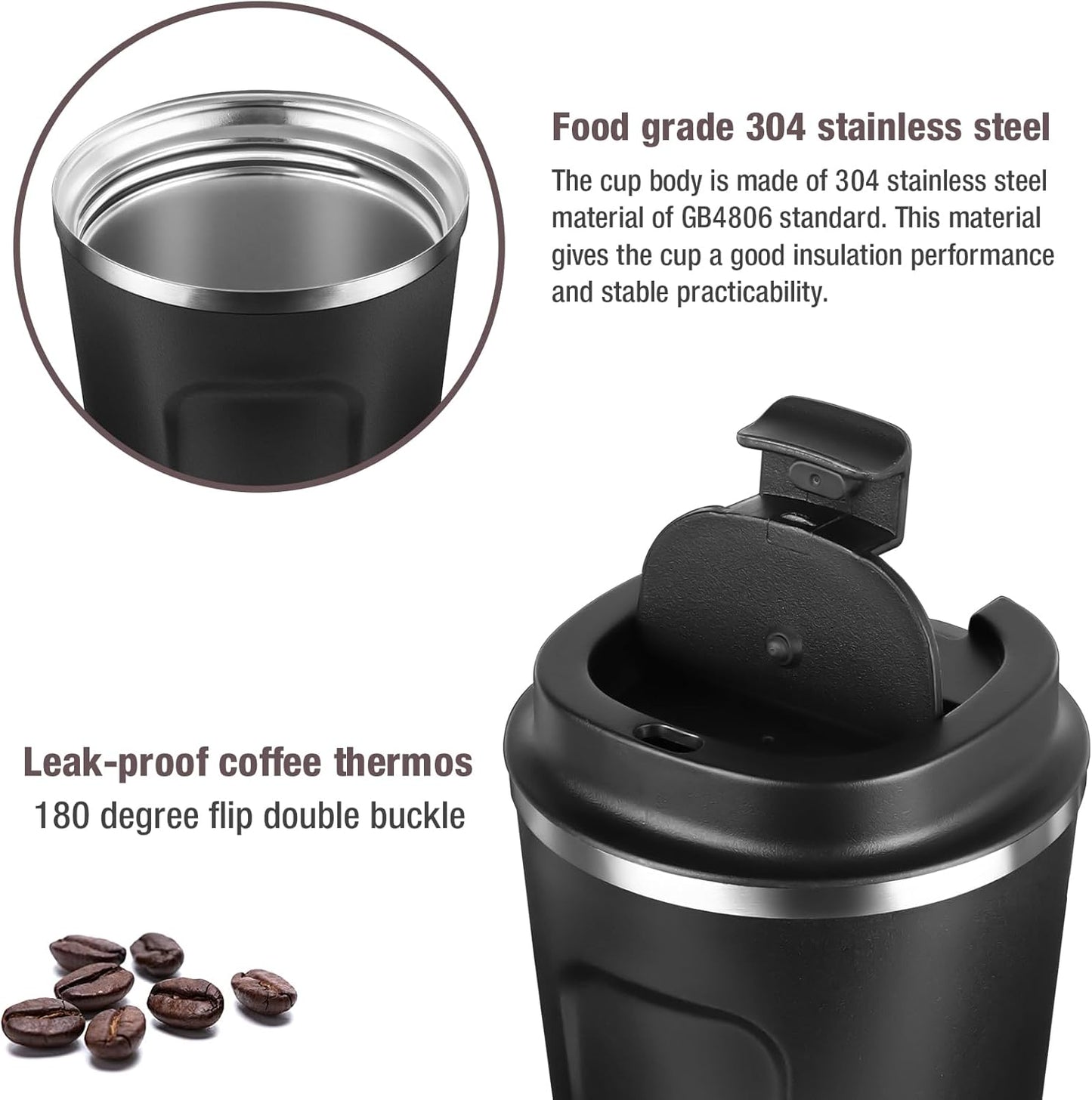 17oz (510ml) Vacuum Insulated Coffee Travel Mug, Leak proof Double Wall Stainless Steel Reusable Cup with Lid, Thermal Tumbler for Hot and Cold Drinks, Matte Texture White