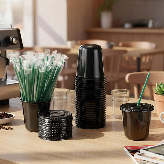 Baderke 25 Set Plastic Cups with Lids and Straws, Disposable Plastic Iced Coffee Cup for Cold Beverage Juice Smoothie Crystal for Coffee Shops Party Catering(Clear,16 oz)