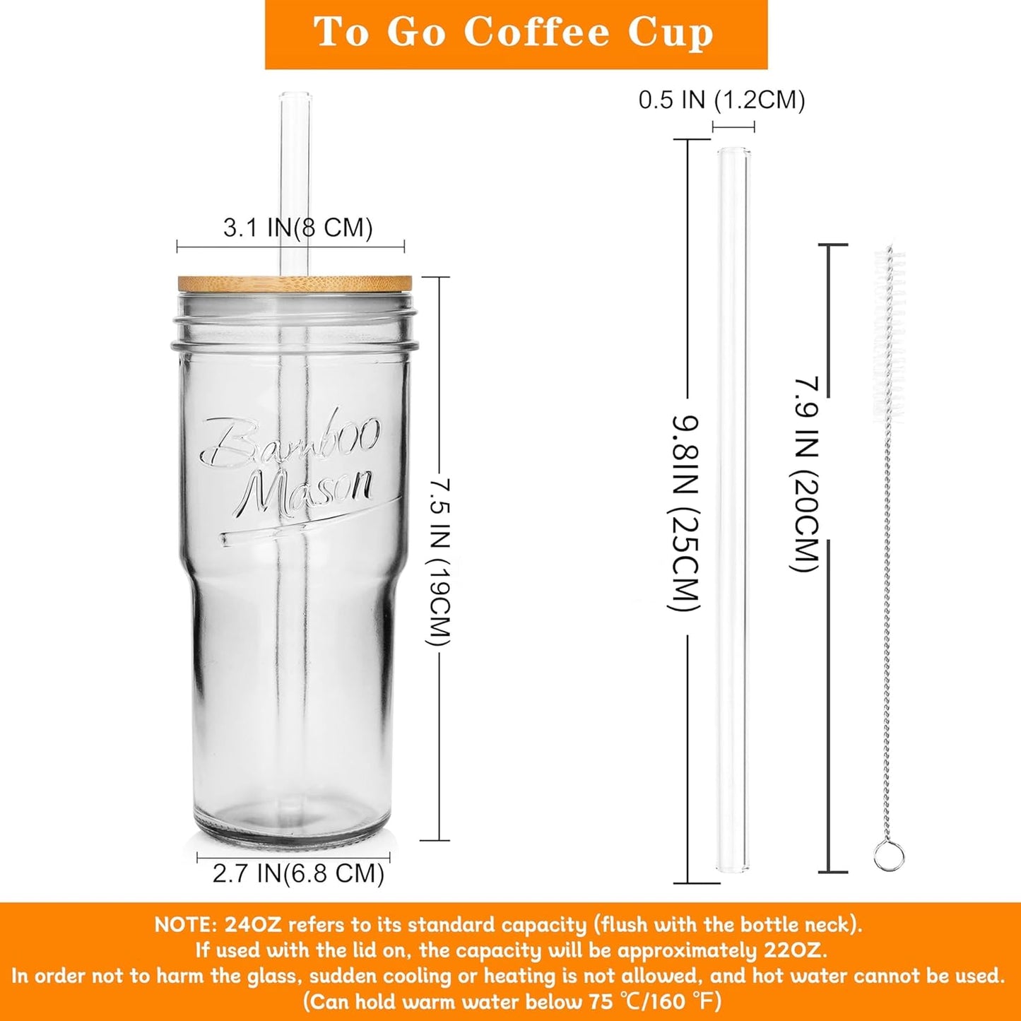 ANOTION Bamboo Mason Leakproof Mason Jar Cups with Lids and Straws, Cap Cup 24oz Glass Tumbler with Handle, Rotating Lid Silicone Straw, Reusable Iced Coffee Matcha Cup Coffee Gifts for Women 2pc