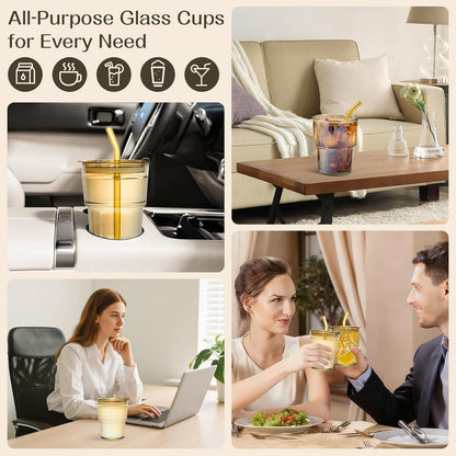 13oz Iced Coffee Cups,2Pcs Glass Cups with Lids and Straws Drinking Glasses,Clear Ribbed Glassware,Reusable Tumbler Glass to Go Cup for Matcha, Iced Tea,Juice