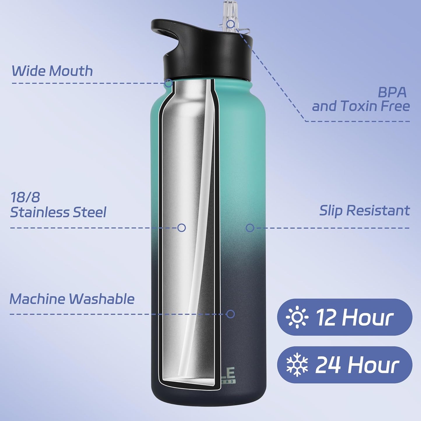 HASLE OUTFITTERS 32 oz Insulated Water Bottle Stainless Steel Double Walled Vacuum Sports Water Bottle with 2 Lids (Straw and Spout Lid) for Gym Camping Hiking(Black,1)