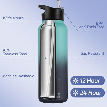 HASLE OUTFITTERS 32 oz Insulated Water Bottle Stainless Steel Double Walled Vacuum Sports Water Bottle with 2 Lids (Straw and Spout Lid) for Gym Camping Hiking(Black,1)