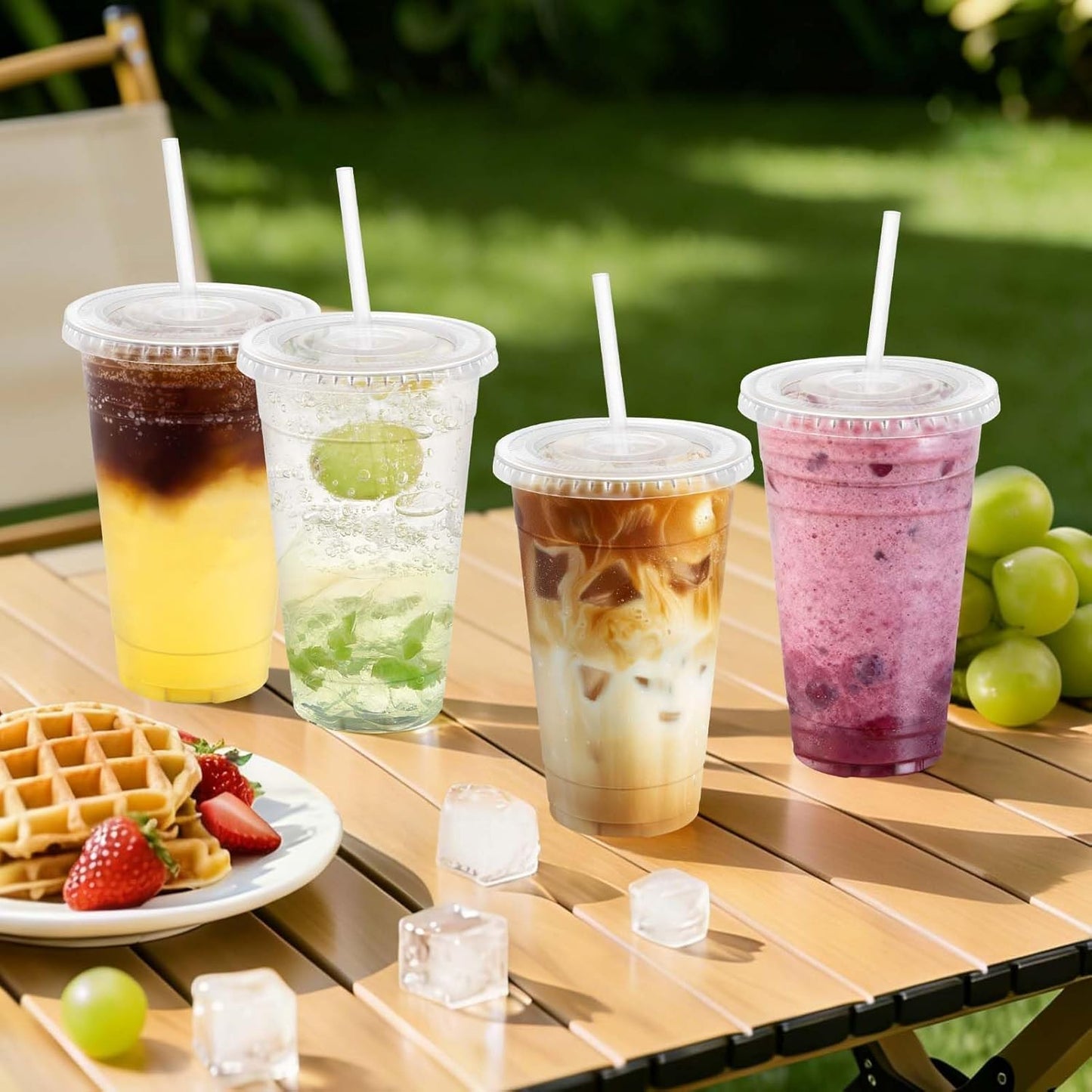 Clawsoff 100 Pack 20 oz Disposable Clear Plastic Cups with Lids and Straws, Leak-Proof Sturdy Cold Drink Cups for Iced Coffee, Smoothies, Juice, Parties & Business