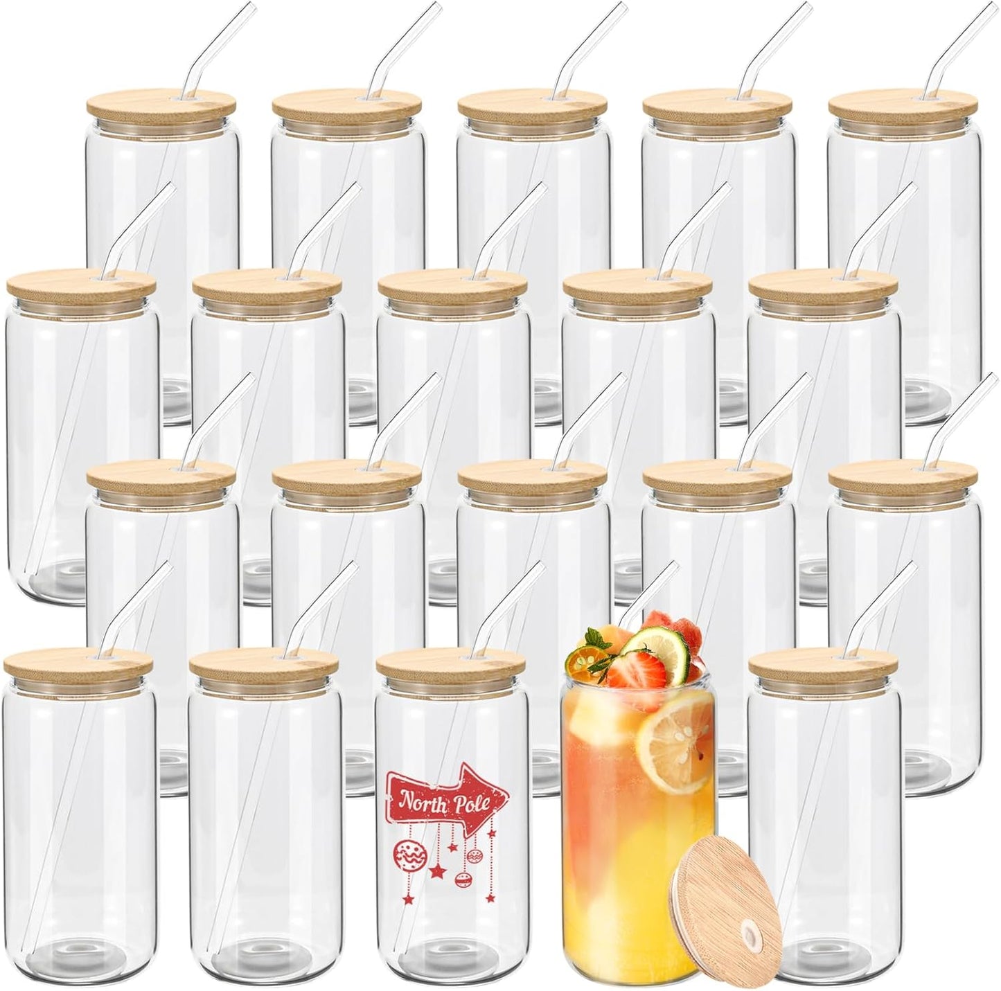 WHEATHUSK 20 Pack Glass Cups with Bamboo Lids and Glass Straws 16oz Clear Glass Tumblers Beer Can Shaped Drinking Glasses Iced Coffee Cups, Cute Tea Cups for Whiskey, Soda, Cocktail, Gift