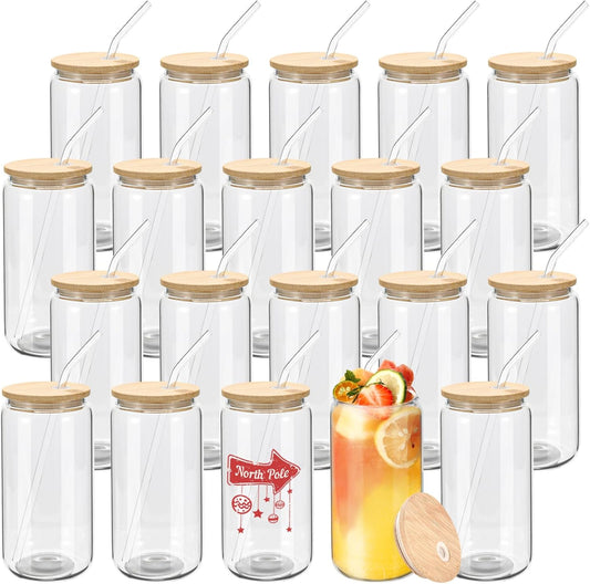 WHEATHUSK 20 Pack Glass Cups with Bamboo Lids and Glass Straws 16oz Clear Glass Tumblers Beer Can Shaped Drinking Glasses Iced Coffee Cups, Cute Tea Cups for Whiskey, Soda, Cocktail, Gift