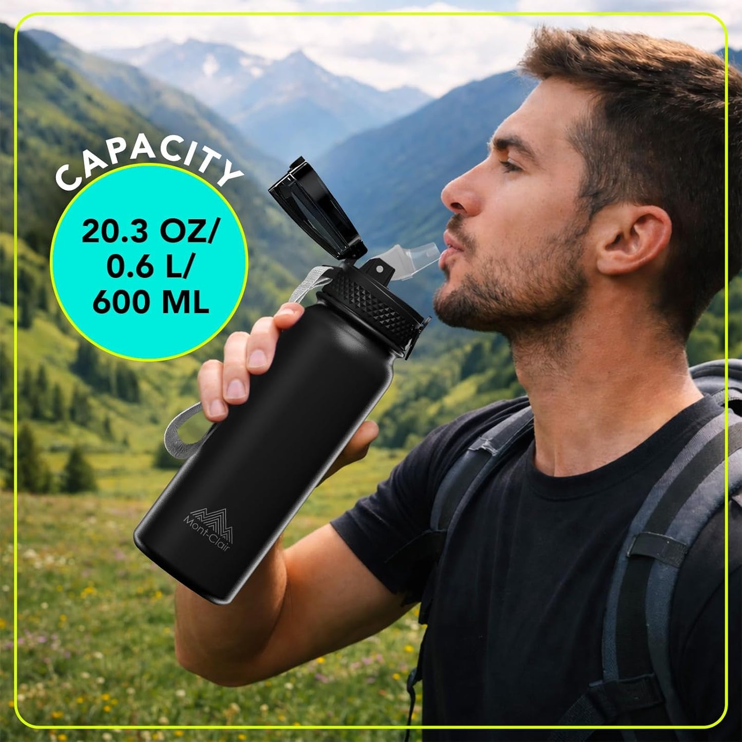 Mont-Clair Sport Water Bottle - 20oz Insulated Water Bottle with Straw - Patented Lid, BPA FREE, For Sports, Gym, Cycling, Bike - Quick Hydration - Black