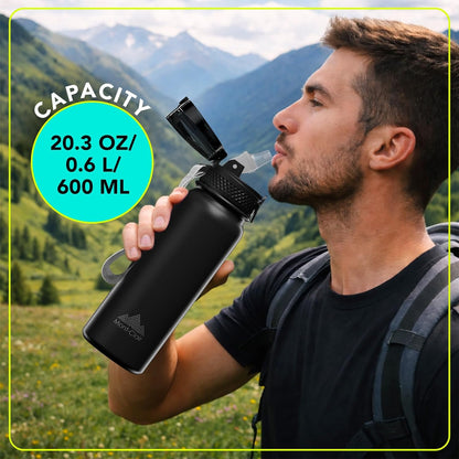 Mont-Clair Sport Water Bottle - 20oz Insulated Water Bottle with Straw - Patented Lid, BPA FREE, For Sports, Gym, Cycling, Bike - Quick Hydration - Black