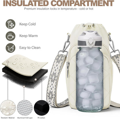 SYTRAH Water Bottle Bag Crossbody，Insulated Water Bottle Purse Crossbody Water Bottle Holder with Strap 40 oz