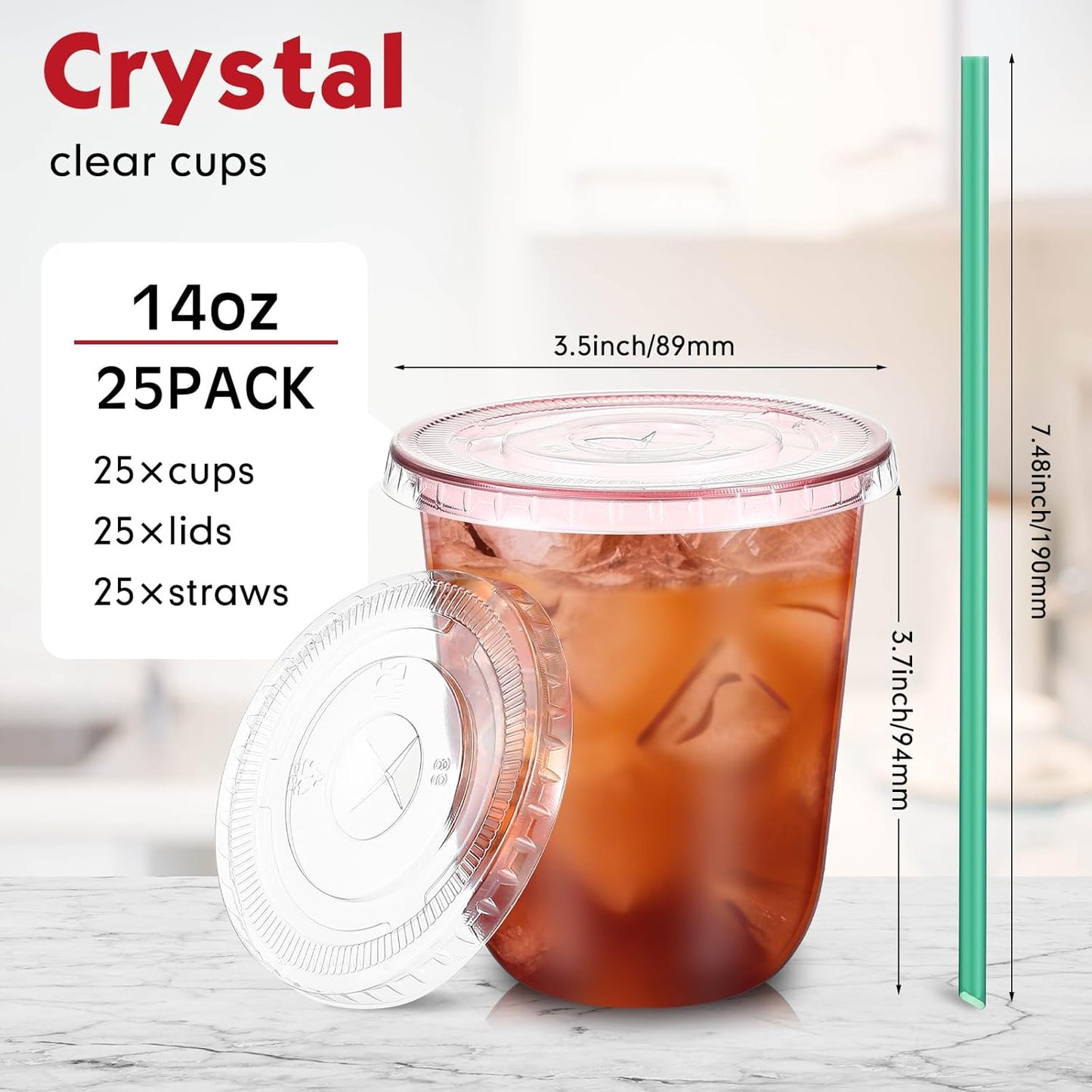 Baderke 25 Set Plastic Cups with Lids and Straws, Disposable Plastic Iced Coffee Cup for Cold Beverage Juice Smoothie Crystal for Coffee Shops Party Catering(Clear,16 oz)