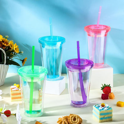 Nuogo 4 Pieces Insulated Double Wall Plastic Tumbler with Lids and Straws Reusable Transparent Plastic Cup 16 oz Tumbler Bulk for Coffee Drinks Milk Tea Juice, Pink, Blue, Green, Purple