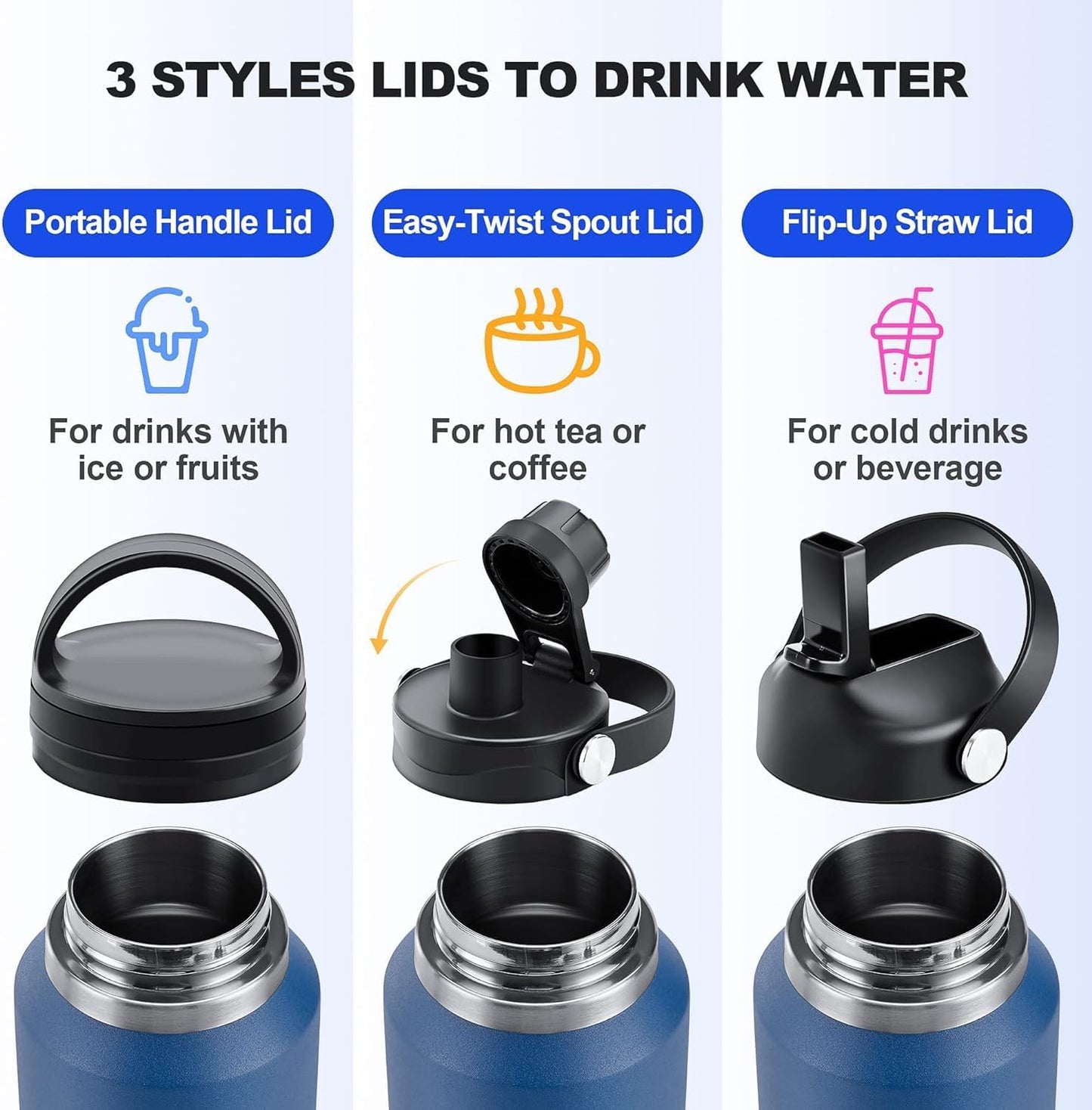 HYDROWION 32oz Stainless Steel Water Bottle(Cold for 48 Hrs, Hot for 24 Hrs),Double Wall Vacuum Insulated Water Bottle with Straw Lid, Spout Lid and Flex Cap, Fit in Any Car Cup Holder,Black