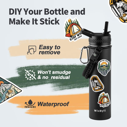 WixByti 40 oz Insulated Water Bottle with Straw (Cold for 36 Hrs), Stainless Steel Triple Wall Vacuum Sports Water Jug, Leakproof Hydro Cup Flask with Paracord Handle & Straw Spout Lids & DIY Stickers