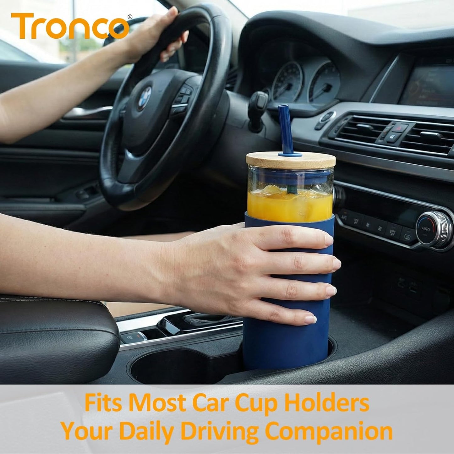 Tronco 20 oz Glass Tumbler with Lid and Straw, Iced Coffee Cup and Smoothie Cup with Bamboo Lids & Protective Silicone Sleeve, Dishwasher Safe, BPA-Free, Glass Cup 1 Pack - Colors B