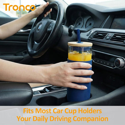 Tronco 20 oz Glass Tumbler with Lid and Straw, Iced Coffee Cup and Smoothie Cup with Bamboo Lids & Protective Silicone Sleeve, Dishwasher Safe, BPA-Free, Glass Cup 1 Pack - Colors B