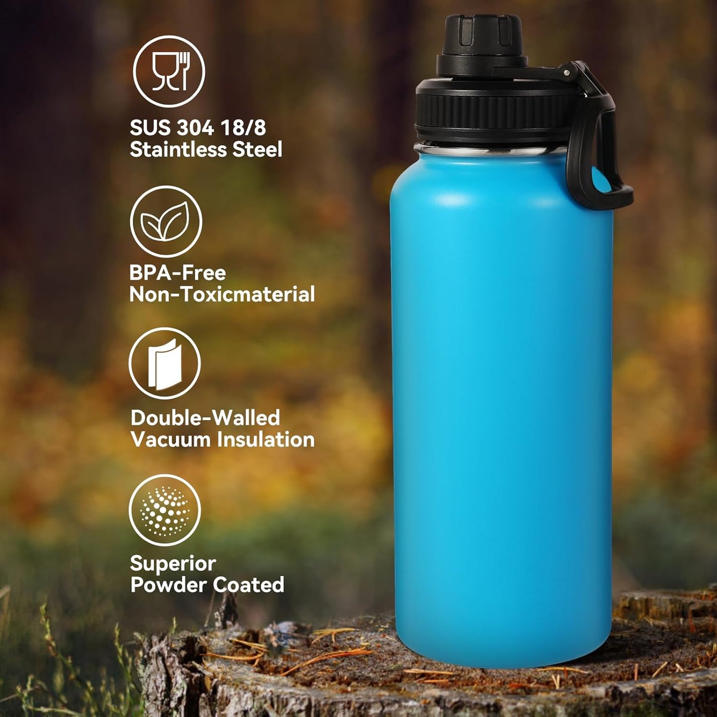 Neihepal 32 oz Insulated Water Bottle with 2 Lids (Straw & Spout Lid), 18/8 Stainless Steel Double Wall Water Bottles for Gym, Travel, Camping, Sports (Silver,1 Pack)