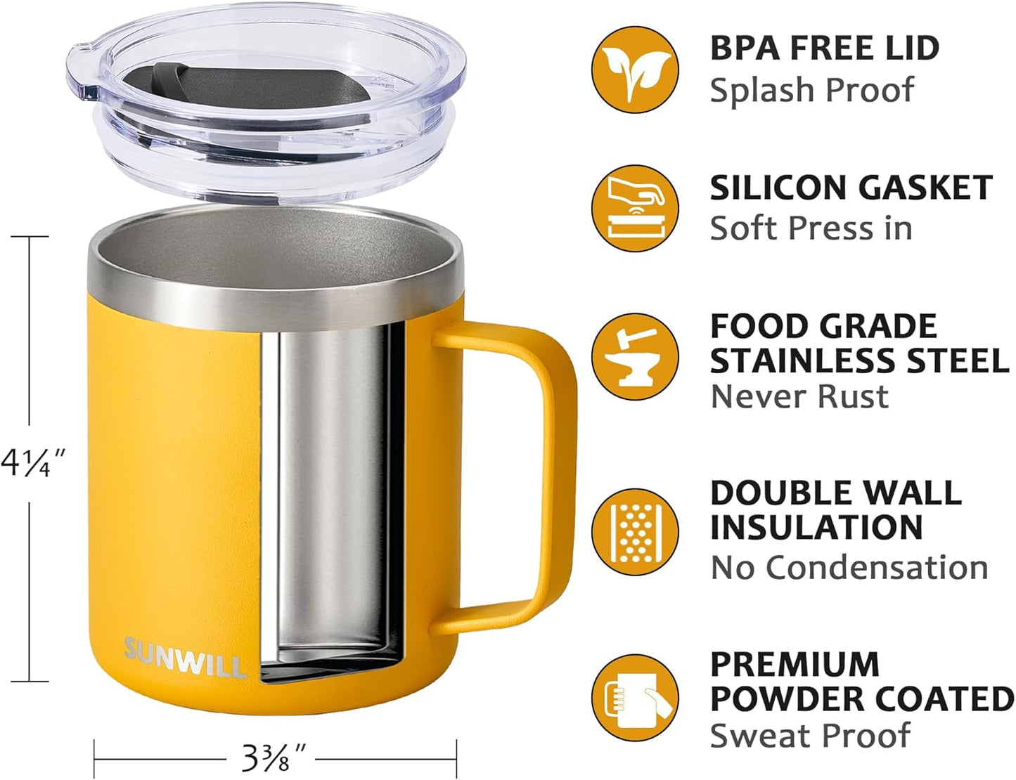 SUNWILL Travel Coffee Mug with Lid, Insulated Tumbler with Handle, 14 oz Stainless Steel Cup for Ice, Water, Tea, Rose Gold
