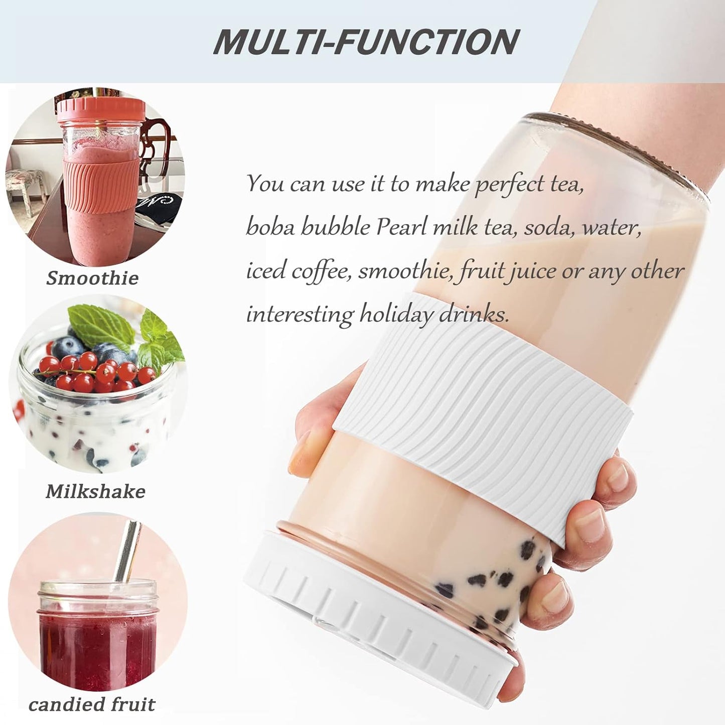 Amyoole 2 Pack Reusable Boba Cup, 24Oz Wide Mouth Smoothie Cup,mason Jar Glass Cups with Lids and Straws,Bubble/Boba Tea Cups,Ice Coffee Tumbler 2 colored straws 1 sponge brush(Pink)