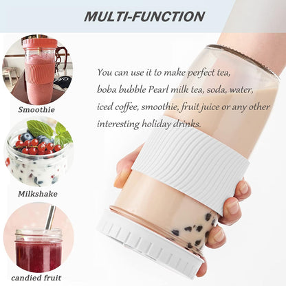 Amyoole 2 Pack Reusable Boba Cup, 24Oz Wide Mouth Smoothie Cup,mason Jar Glass Cups with Lids and Straws,Bubble/Boba Tea Cups,Ice Coffee Tumbler 2 colored straws 1 sponge brush(Pink)