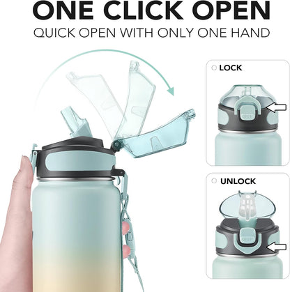Enerbone 24 oz Insulated Water Bottle, Stainless Steel Bottle with Carrying Strap, Double-Wall Vacuum Insulation Design, Leakproof Sports Bottle with Straw, Keep Drinks Cold or Hot for Hours
