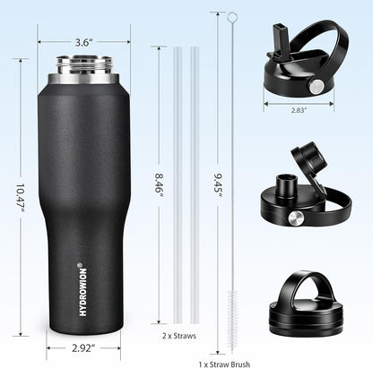 HYDROWION 32oz Stainless Steel Water Bottle(Cold for 48 Hrs, Hot for 24 Hrs),Double Wall Vacuum Insulated Water Bottle with Straw Lid, Spout Lid and Flex Cap, Fit in Any Car Cup Holder,Black