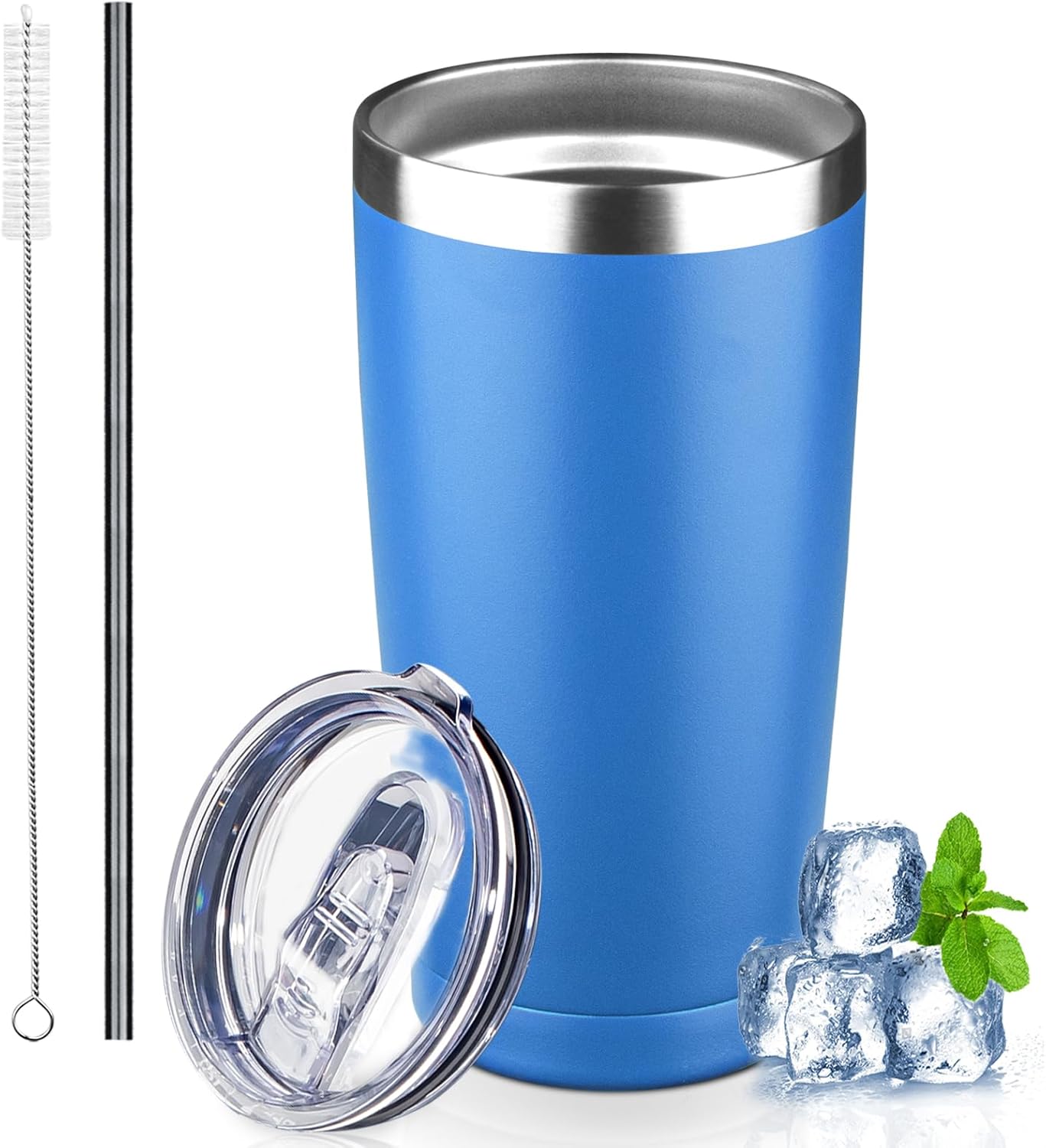 20 oz Tumbler with Lids and Straws, Stainless Steel Insulated Coffee Tumbler, Double Wall Vacuum Insulated Travel Mug Cup, Leakproof Thermal Coffee Cup for Hot and Cold Drinks (azure blue)