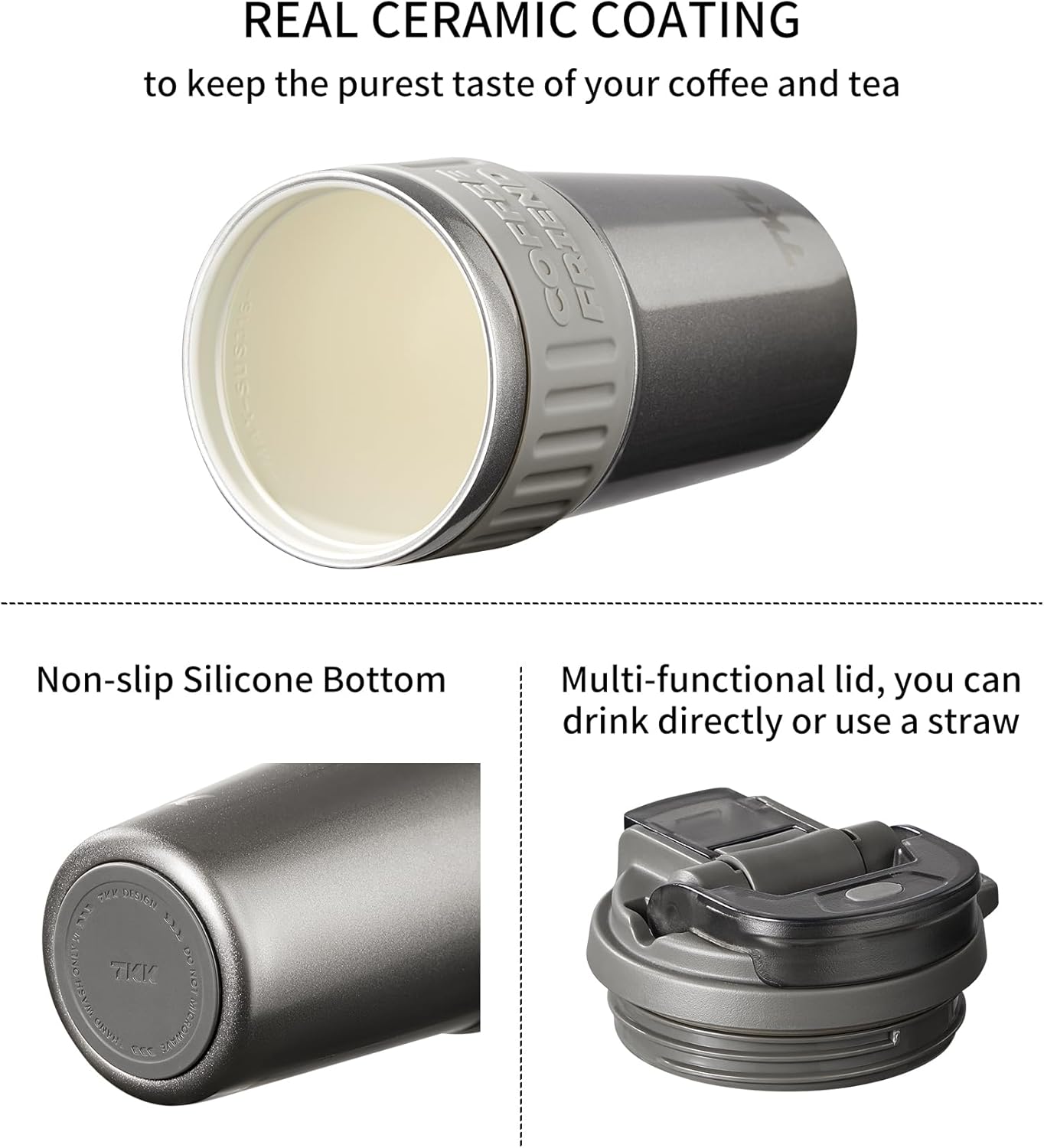 TKK Insulated Coffee Mug with Ceramic Coating, 21oz Iced Coffee Tumbler Cup with Straw Lid Double Wall Vacuum Leak Proof Travel Mug with Strap for Hot and Iced Beverage, Tungsten Steel