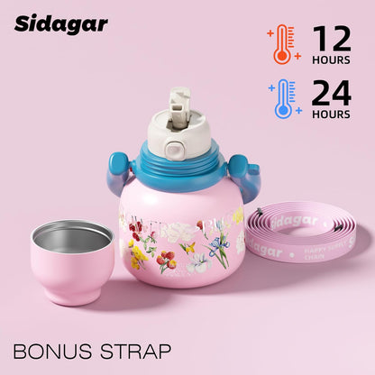 22 oz Water Bottle with Straw and Bowl, Unique Insulated Stainless Steel Tumbler, Spill-proof Reusable BPA-Free Cup, Pilates Wellness Study Travel, with Bonus Strap - Chocolate Black