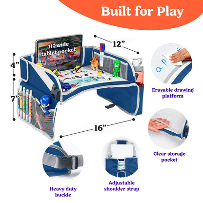 PILLANI Kids Travel Tray for Car - Car Seat Tray with Activity Sheets & Pens, Road Trip Essentials for Car & Airplane, Must Have Toddler Travel Lap Desk Accessories - Road Trip Activities for Kids
