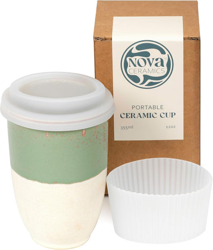 NOVA CERAMICS Coffee Tumbler – Travel Mug - On the Go Coffee Mug – Microwave & Dishwasher Safe Green Coffee Tumbler - Gifts For Women Men Him Her – 16oz – Monsoon