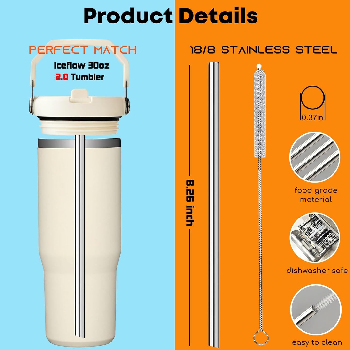 ALINK Stainless Steel Straws Compatible with Stanley Iceflow 30oz Flip Tumbler, 6 Pack Reusable Metal Straws for Stanley Ice Flow 30oz Cup Lid Only, Plus Straw Brush