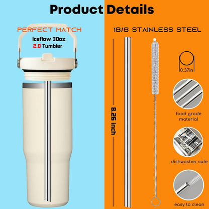 ALINK Stainless Steel Straws Compatible with Stanley Iceflow 30oz Flip Tumbler, 6 Pack Reusable Metal Straws for Stanley Ice Flow 30oz Cup Lid Only, Plus Straw Brush