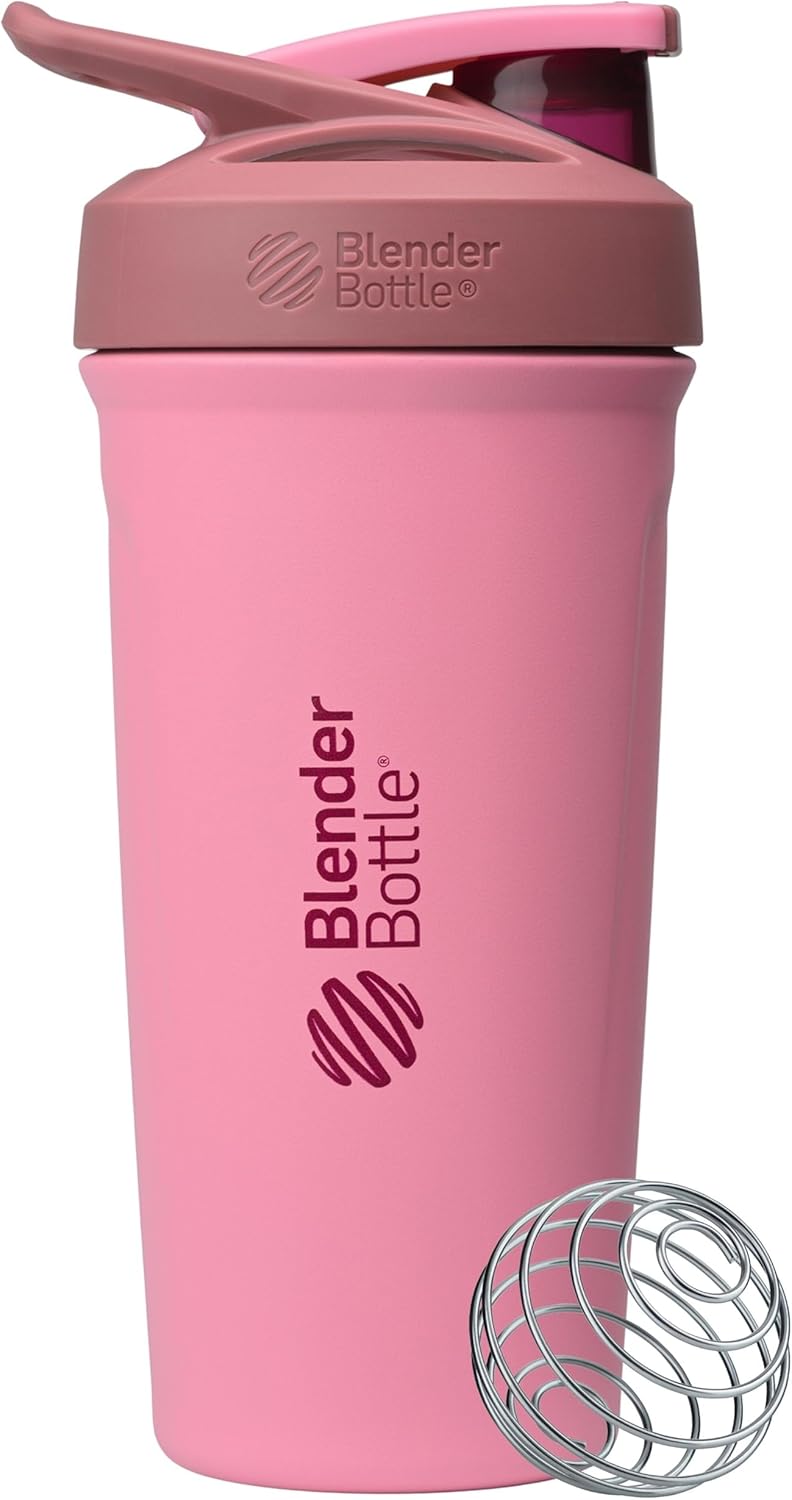 BlenderBottle Strada Shaker Cup Insulated Stainless Steel Water Bottle with Wire Whisk, 24-Ounce, White