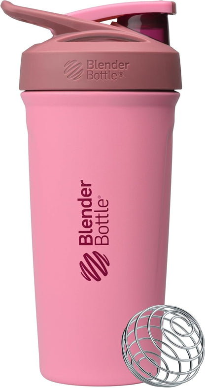 BlenderBottle Strada Shaker Cup Insulated Stainless Steel Water Bottle with Wire Whisk, 24-Ounce, White