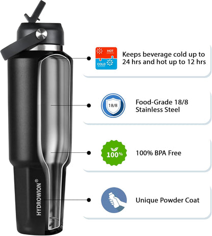HYDROWION 32oz Stainless Steel Water Bottle(Cold for 48 Hrs, Hot for 24 Hrs),Double Wall Vacuum Insulated Water Bottle with Straw Lid, Spout Lid and Flex Cap, Fit in Any Car Cup Holder,Black