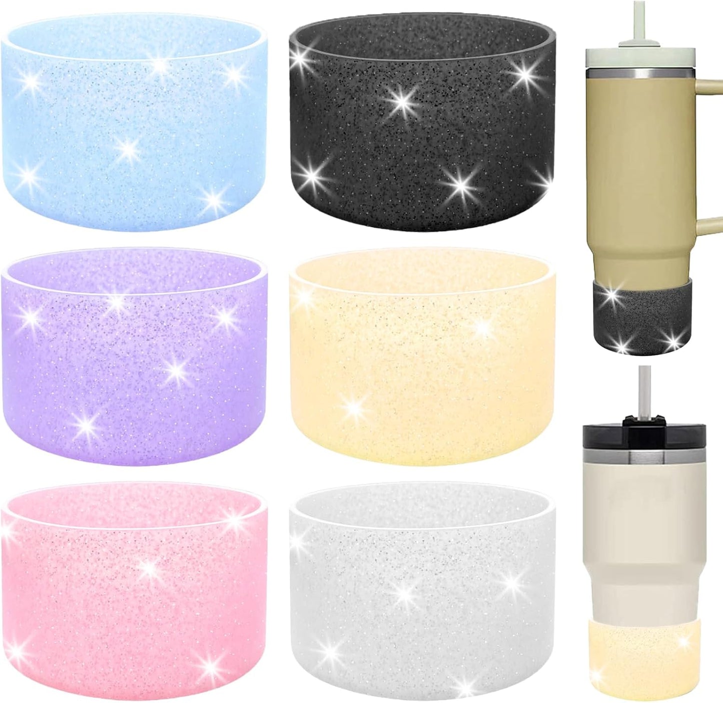 6 PCS Protective Glitter Silicone Boot, Bling Anti Slip Bottom Cover Bumper Cover Glitter Reduces Dents Sleeve, with All Water Bottles with Bottom Width of 2.85-3.56in Tumblers & Water Glasses