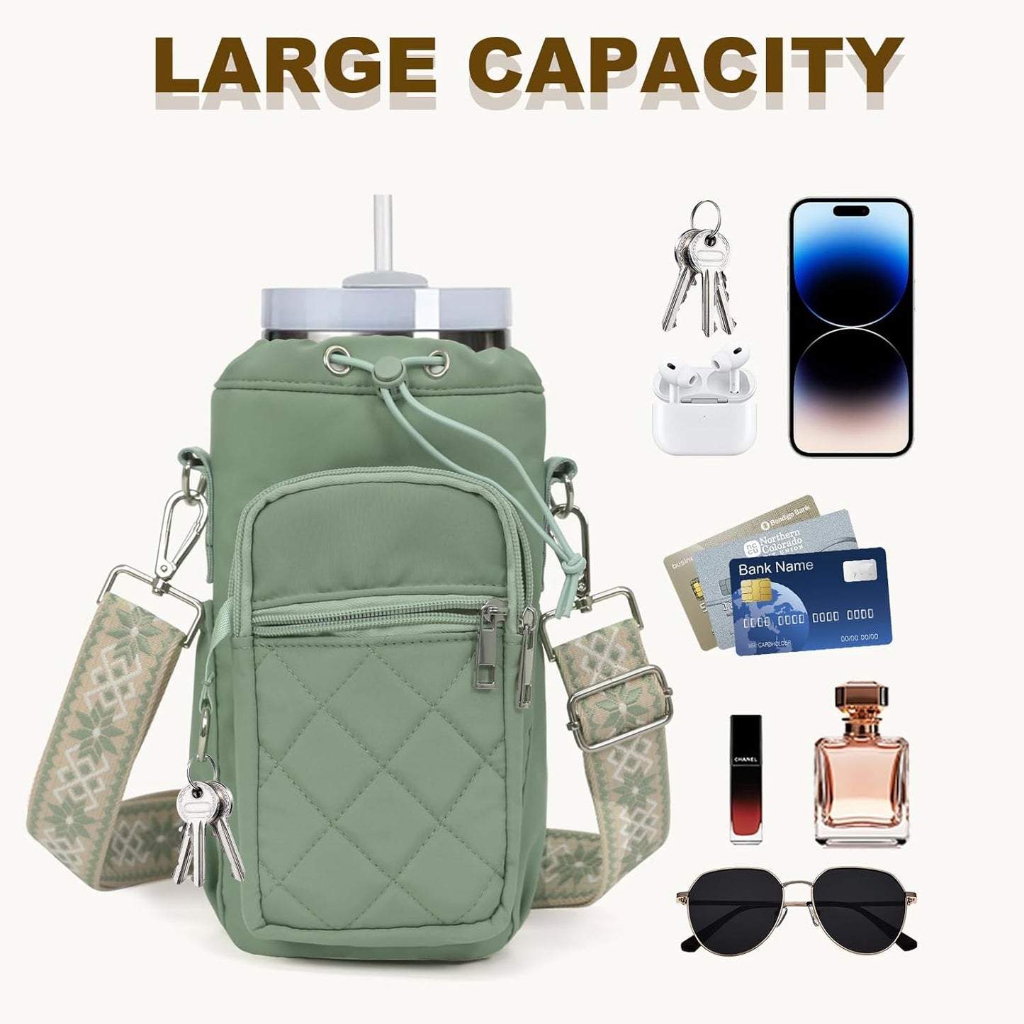 Water Bottle Holder with Strap, 32oz 40oz Insulated Water Bottle Carrier Bag, Purse Crossbody Sling Bag with Phone Pocket for Walking Hiking