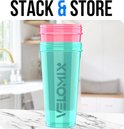 VELOMIX -2 Pack- 28 oz Protein Shaker Bottles for Protein Mixes - 2x Wire Whisk | Leak Proof Shaker Cups for Protein Shakes | Protein Shaker Bottle Pack (Black/Transparent)