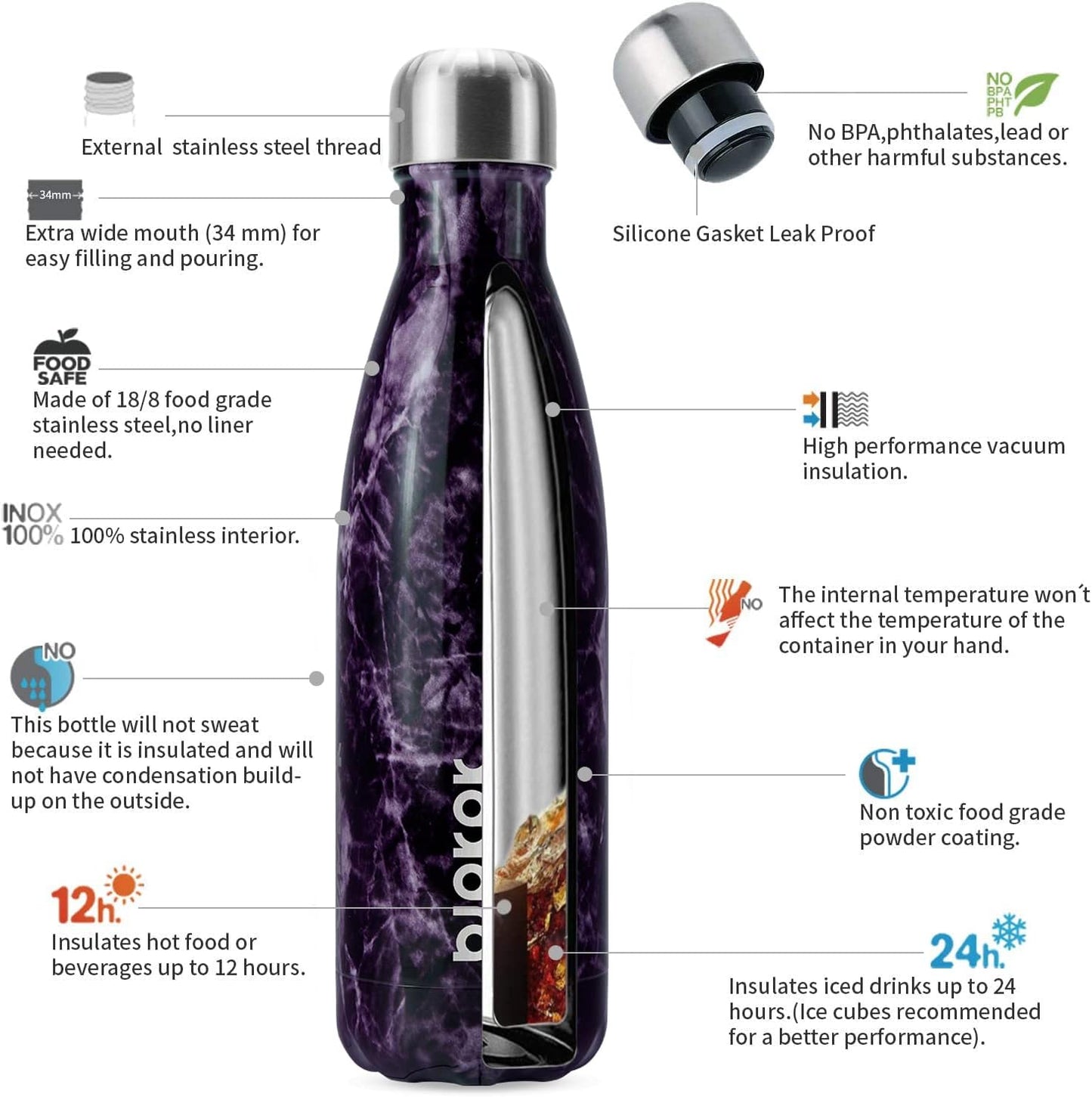 BJPKPK Insulated Water Bottle 12oz Small Stainless Steel Water Bottles Reusable Metal Thermal Keep Cold and Hot,Dreamy Purple - Colors B